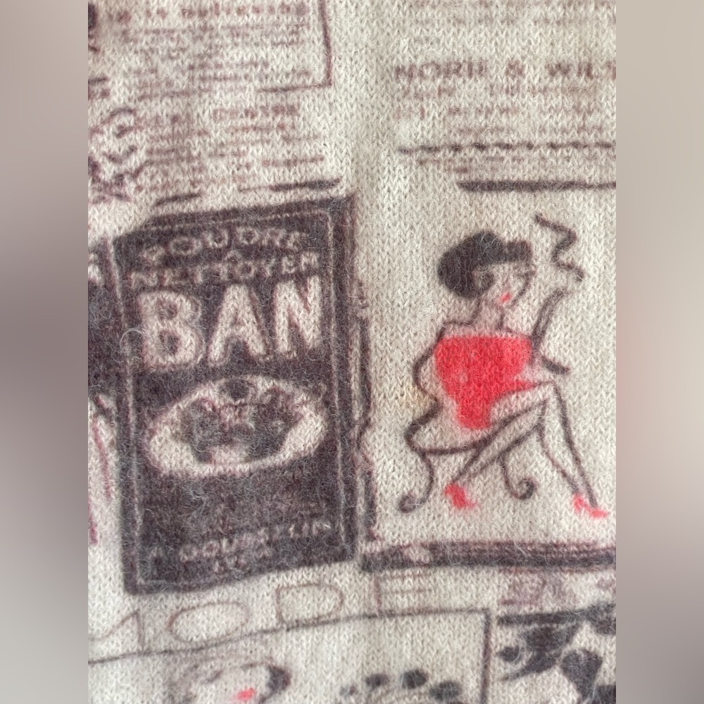 Tricotto M Vintage Newspaper Print Rhinestone V-Neck Sweater Maximalist Art - Picture 5 of 15